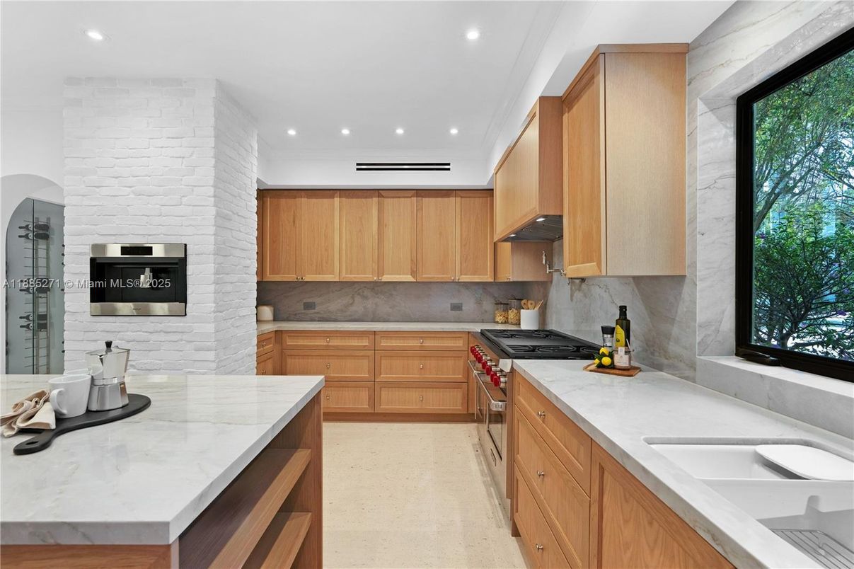 Interior, Kitchen, Recessed Lighting, Stainless Steel Appliances, Stone Walls