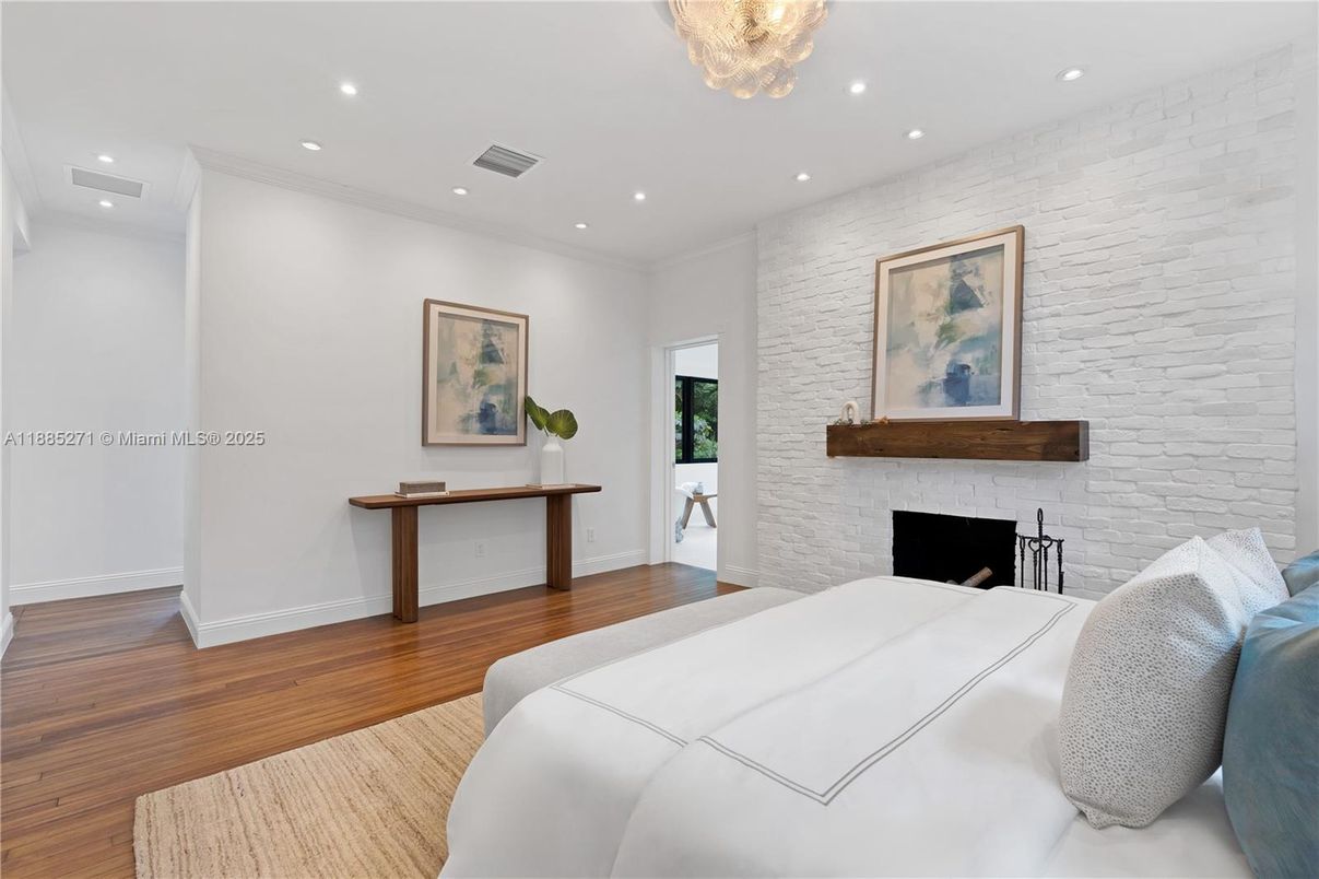 Bedroom, Fireplace, Interior, Recessed Lighting, Stone Walls, Wood Texture Flooring