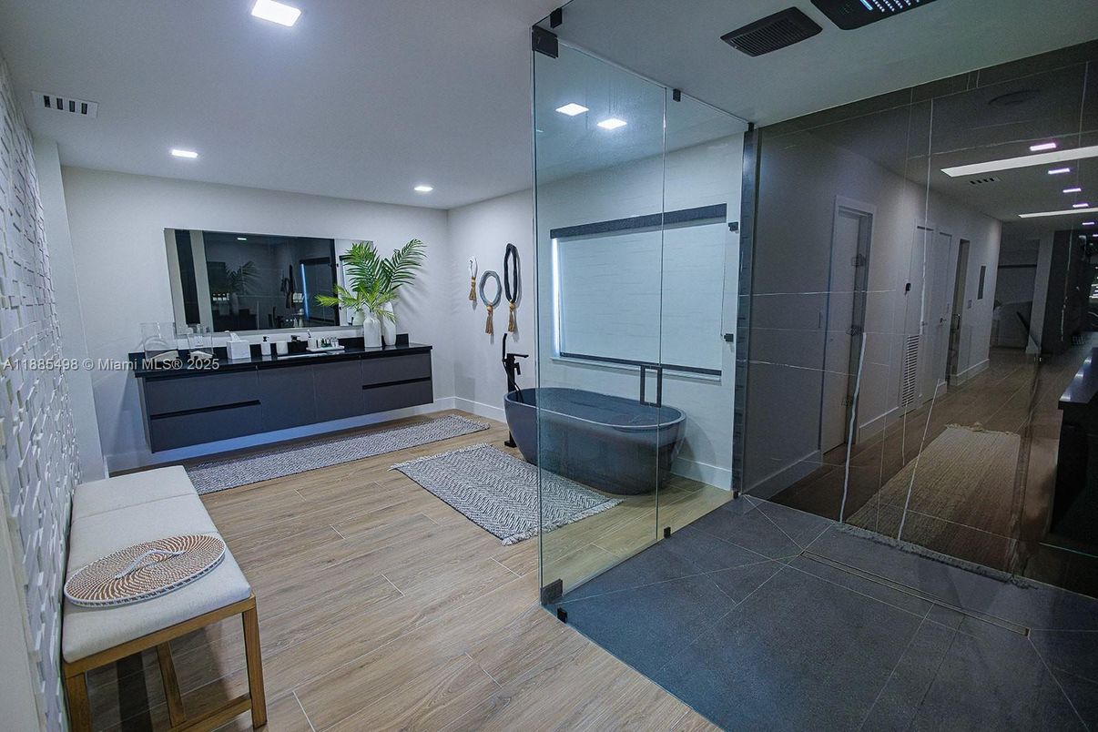 Bathroom, Glass Shower, Interior, Recessed Lighting, Wood Texture Flooring