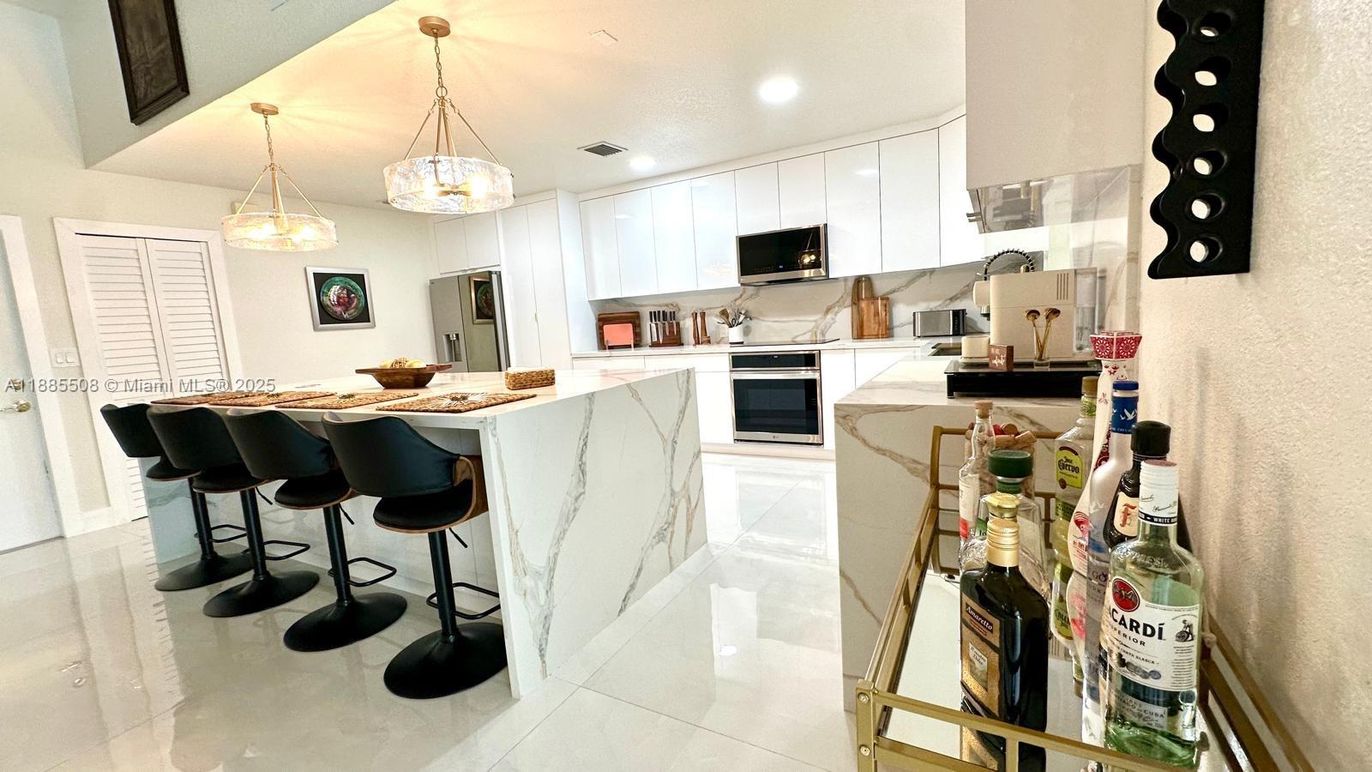 Interior, Kitchen, Marble Walls, Pendant Lights, Recessed Lighting