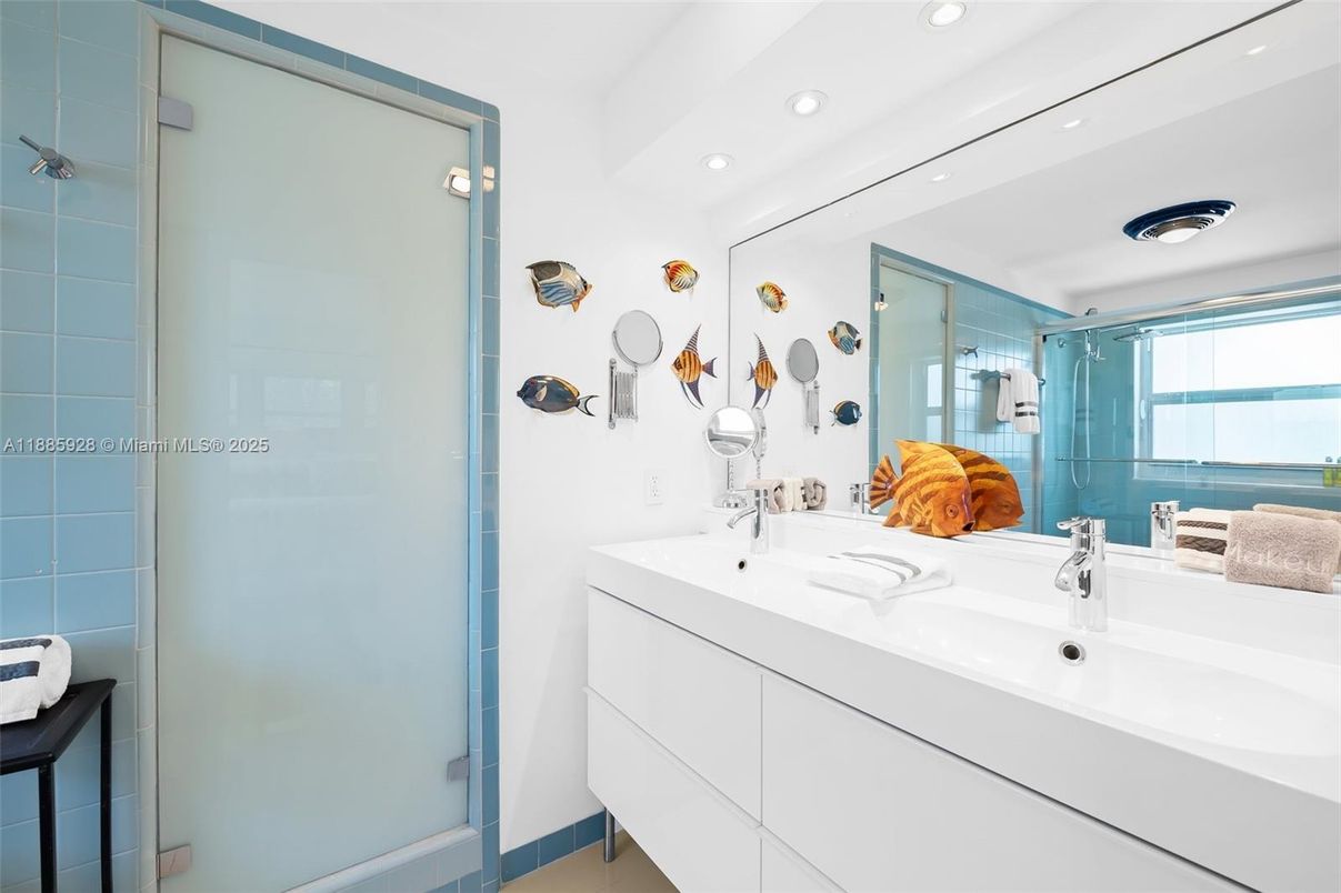 Bathroom, Dual Sink Vanities, Glass Shower, Interior, Recessed Lighting