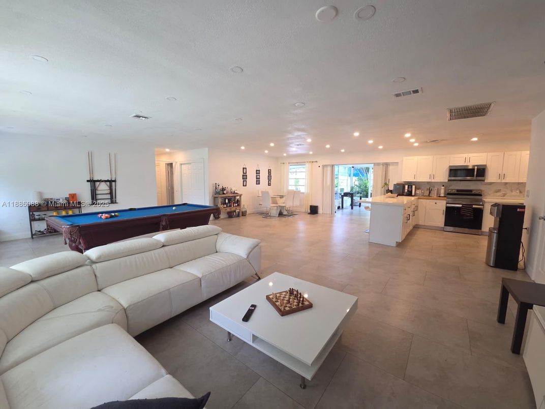 Billiard Table, Game Room, Interior, Kitchen, Living room, Recessed Lighting, Stainless Steel Appliances