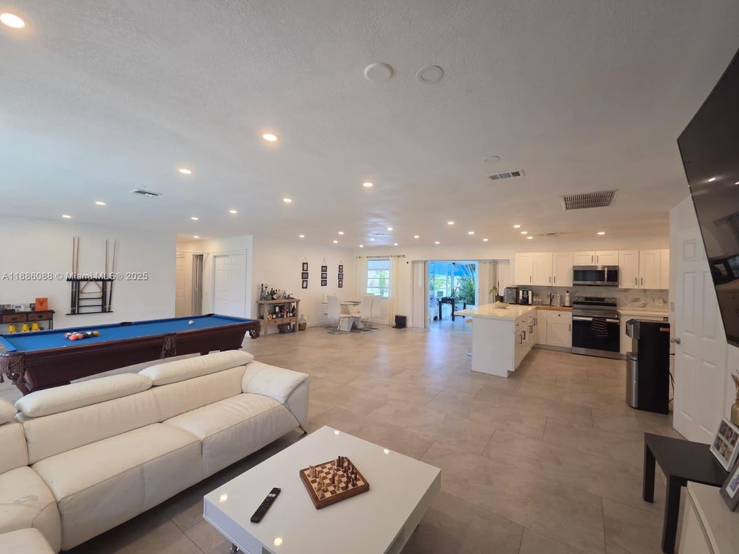 Billiard Table, Game Room, Interior, Kitchen, Living room, Recessed Lighting, Stainless Steel Appliances