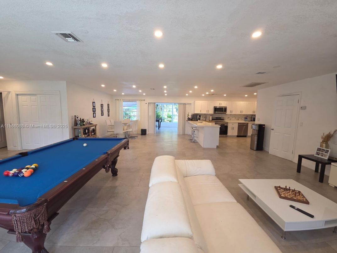 Billiard Table, Game Room, Interior, Kitchen, Living room, Recessed Lighting, Stainless Steel Appliances