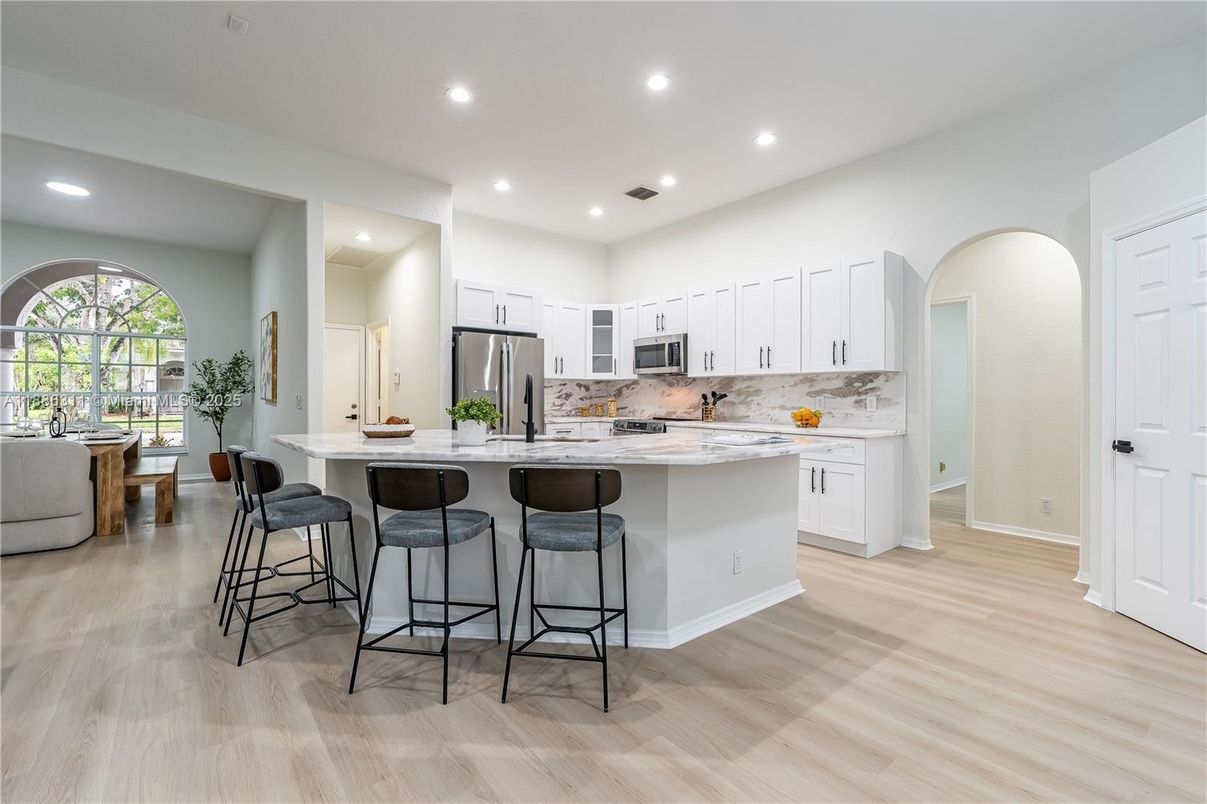 Interior, Kitchen, Recessed Lighting, Stainless Steel Appliances, Wood Texture Flooring