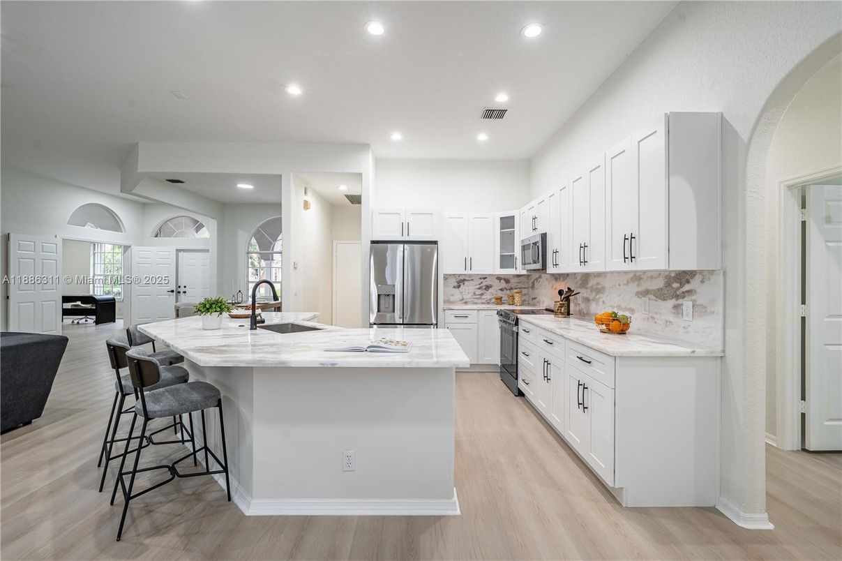 Interior, Kitchen, Recessed Lighting, Stainless Steel Appliances, Wood Texture Flooring