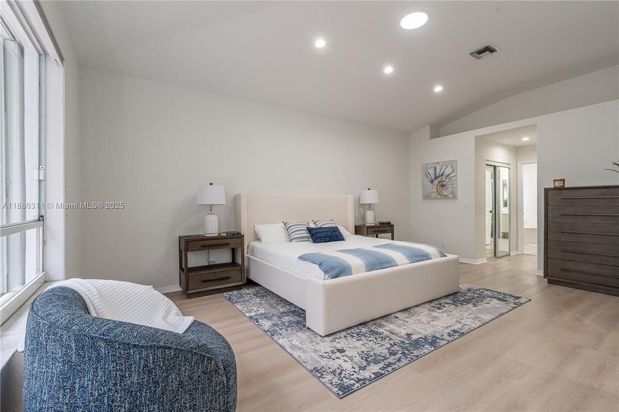 Bedroom, Interior, Recessed Lighting, Wood Texture Flooring