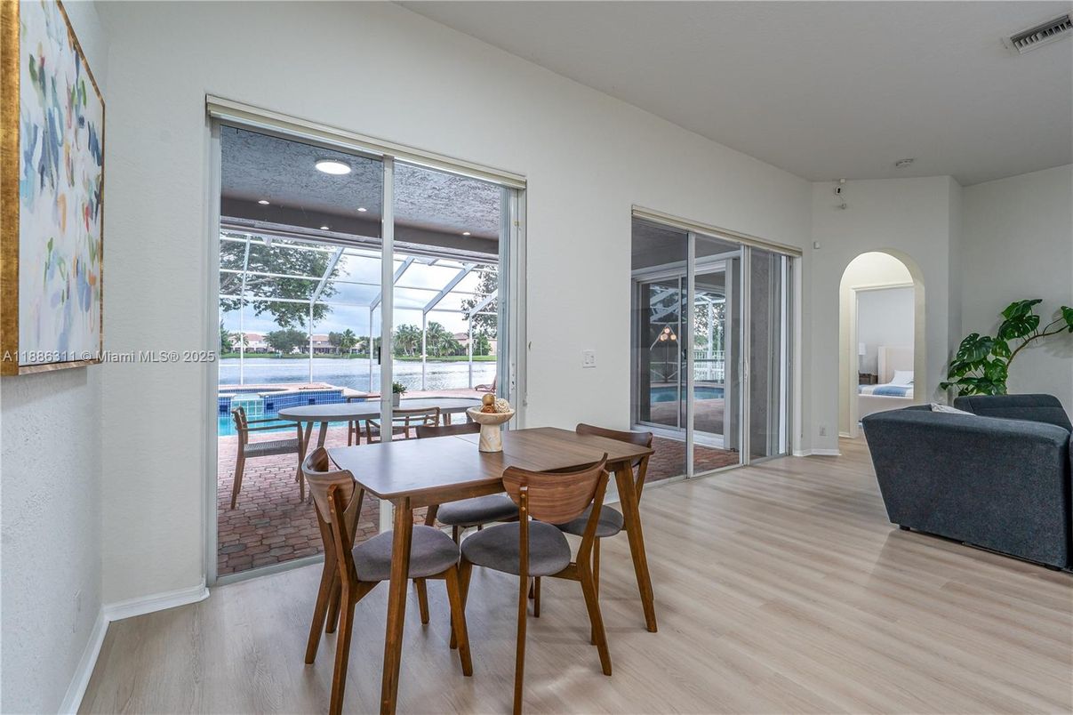 Dining room, Interior, Recessed Lighting, Water, Wood Texture Flooring