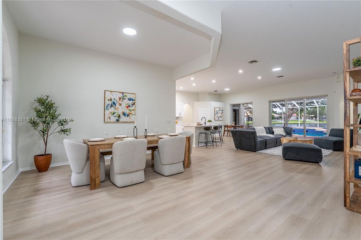 Dining room, Interior, Kitchen, Living room, Recessed Lighting, Wood Texture Flooring
