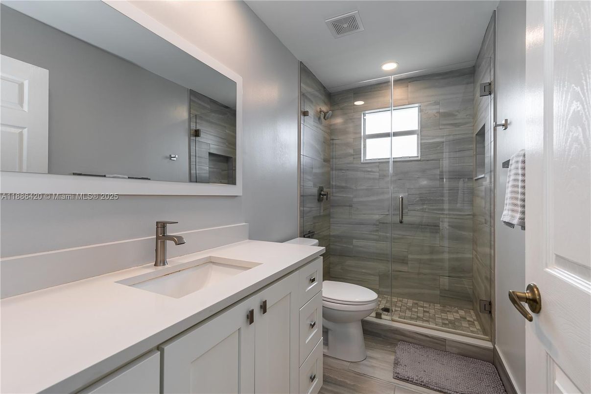 Bathroom, Glass Shower, Interior, Recessed Lighting, Wood Texture Flooring