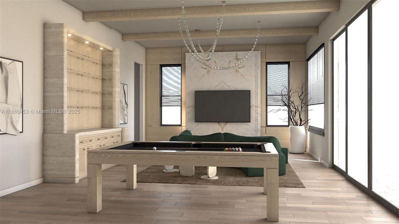 Billiard Table, Chandelier, Game Room, Interior, Wooden Beams, Wood Texture Flooring