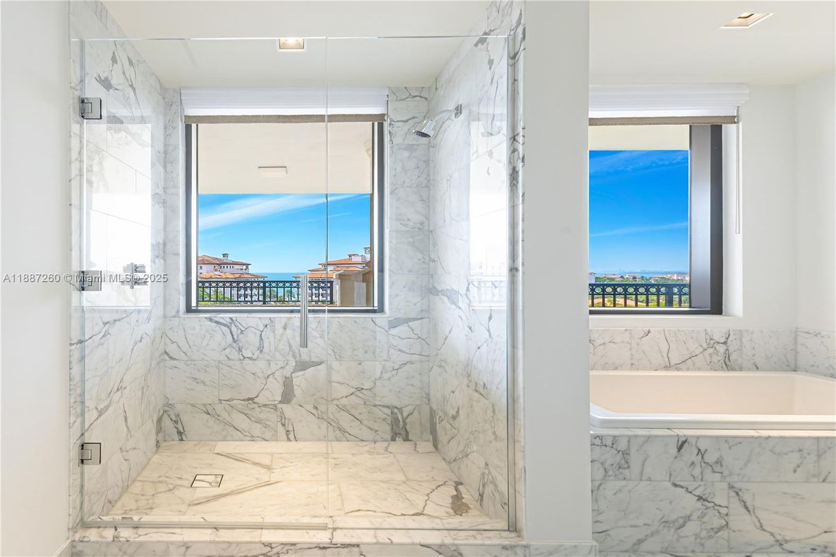 Bathroom, Glass Shower, Interior, Marble, Marble Walls, Recessed Lighting, Water