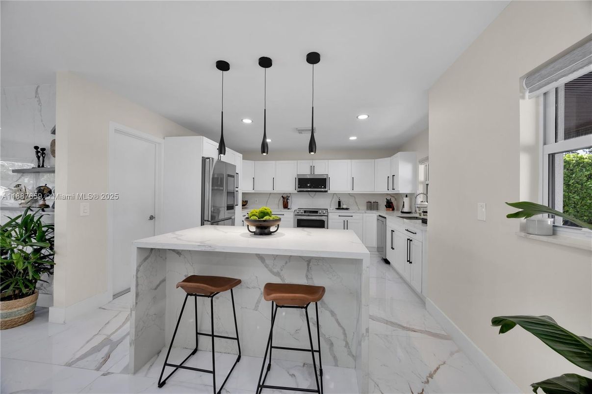 Interior, Kitchen, Marble, Pendant Lights, Recessed Lighting, Stainless Steel Appliances