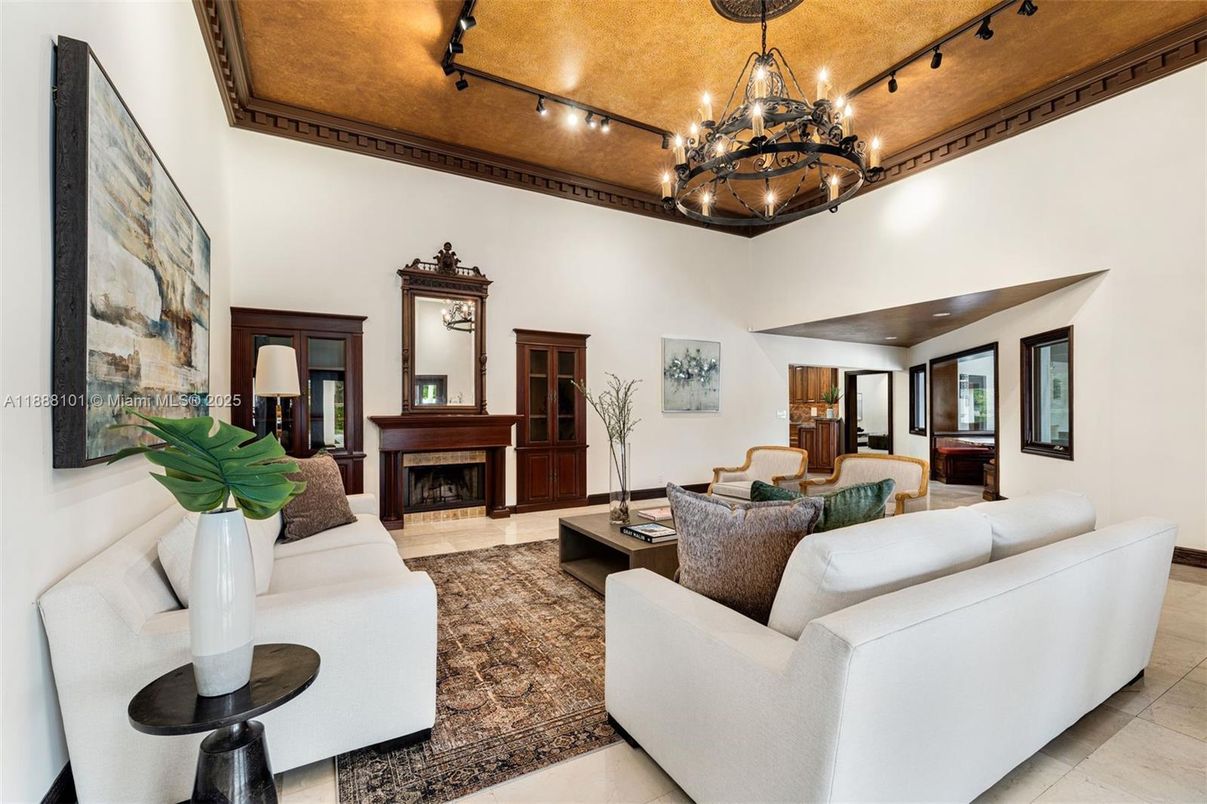 Chandelier, Fireplace, Interior, Living room