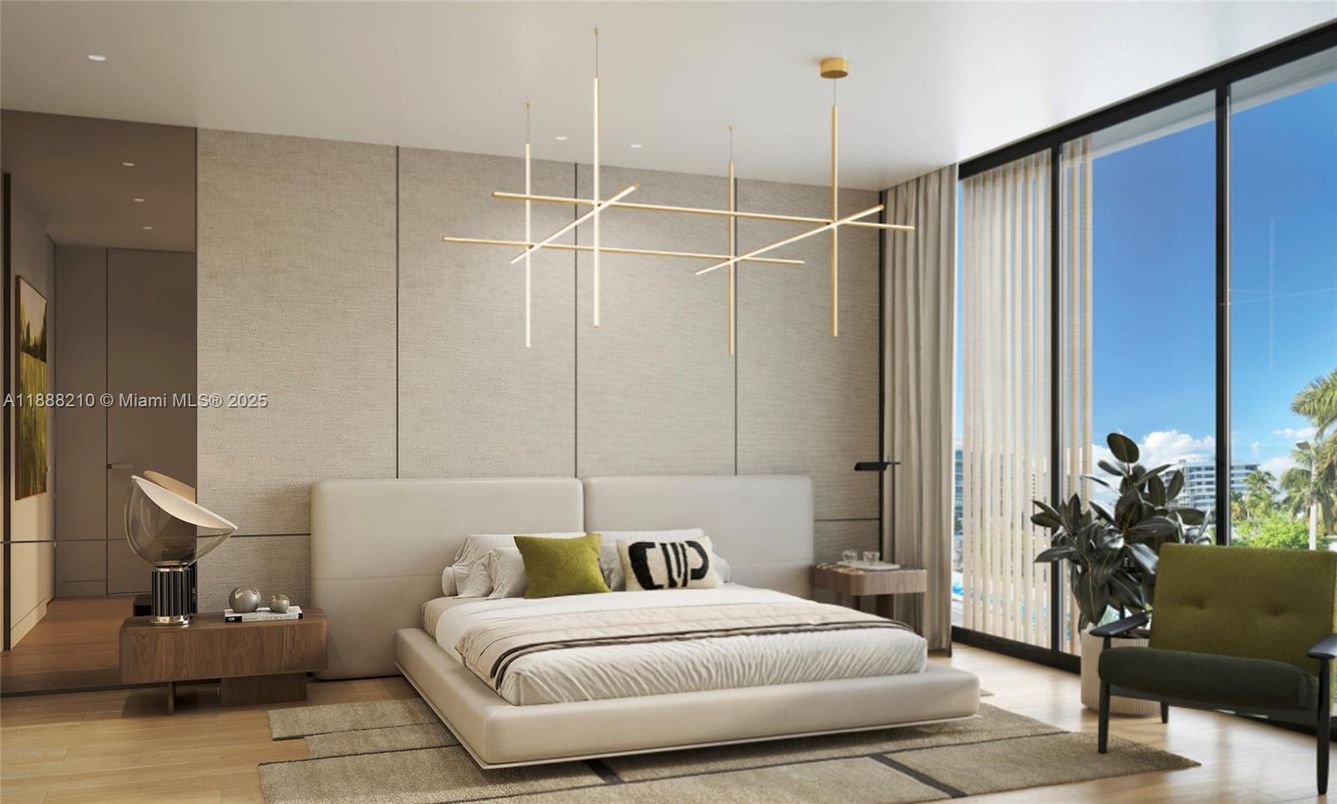 Bedroom, Interior, Pendant Lights, Recessed Lighting, Wood Texture Flooring
