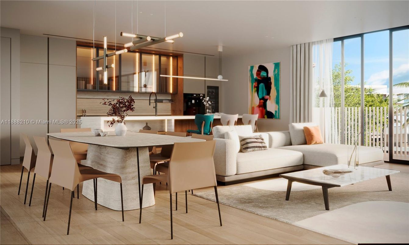 Dining room, Interior, Living room, Pendant Lights, Wood Texture Flooring