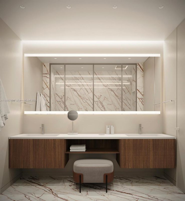 Bathroom, Dual Sink Vanities, Interior, Marble, Marble Walls, Recessed Lighting