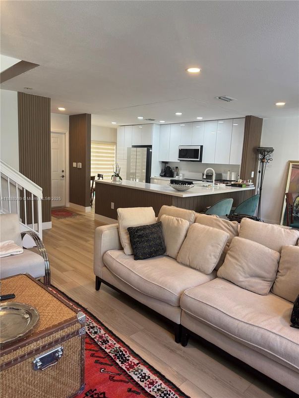 Interior, Kitchen, Living room, Recessed Lighting, Stainless Steel Appliances, Wood Texture Flooring