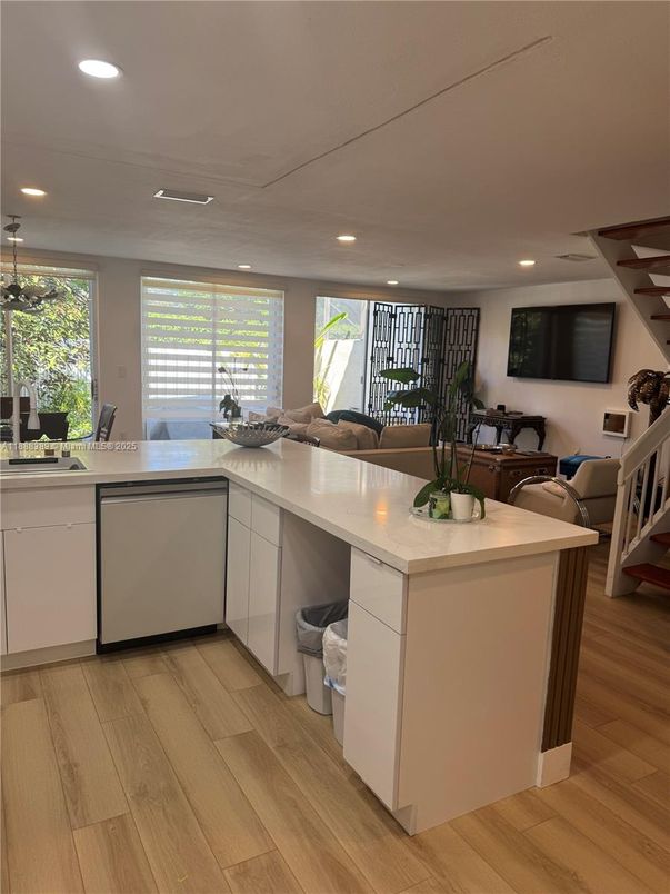 Interior, Kitchen, Living room, Recessed Lighting, Wood Texture Flooring