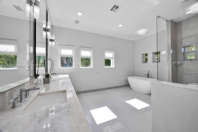 Bathroom, Dual Sink Vanities, Free Standing Baths, Glass Shower, Interior, Recessed Lighting