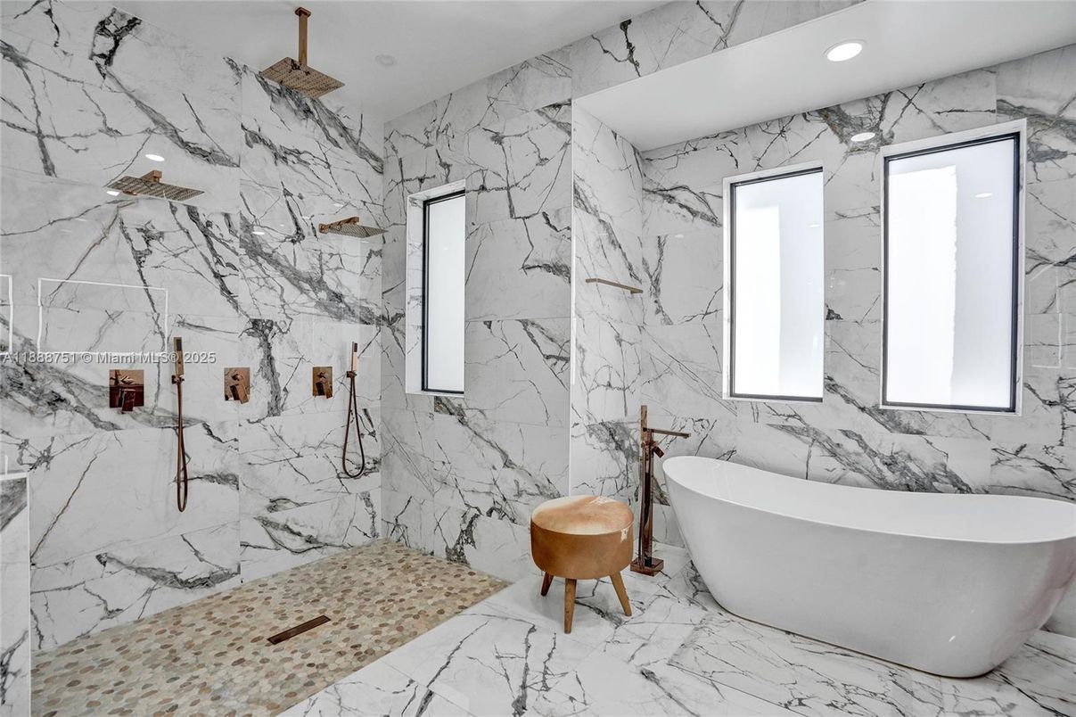 Bathroom, Free Standing Baths, Interior, Marble, Marble Walls, Recessed Lighting
