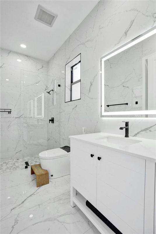 Bathroom, Glass Shower, Interior, Marble, Marble Walls, Recessed Lighting