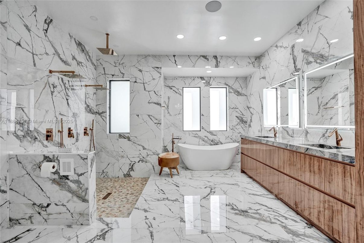 Bathroom, Dual Sink Vanities, Free Standing Baths, Interior, Marble, Marble Walls, Recessed Lighting
