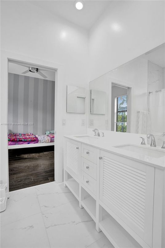 Bathroom, Dual Sink Vanities, Interior, Marble, Recessed Lighting