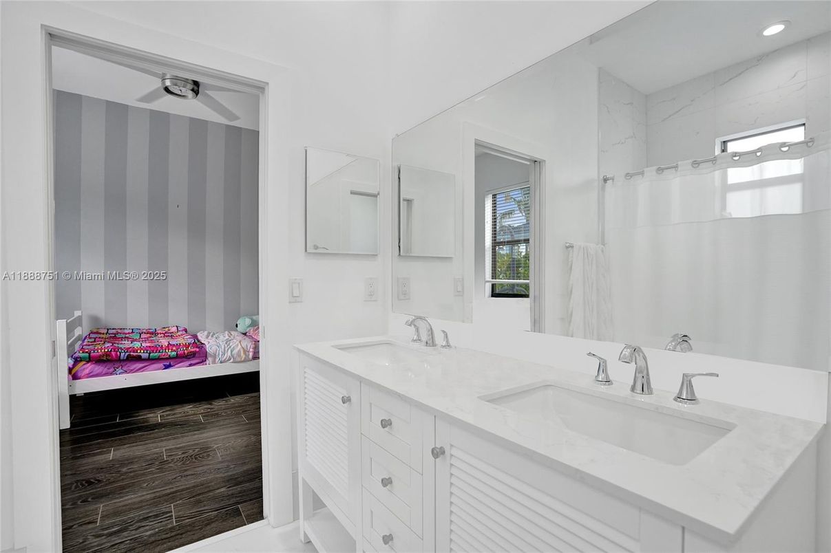 Bathroom, Dual Sink Vanities, Interior, Marble Walls, Recessed Lighting
