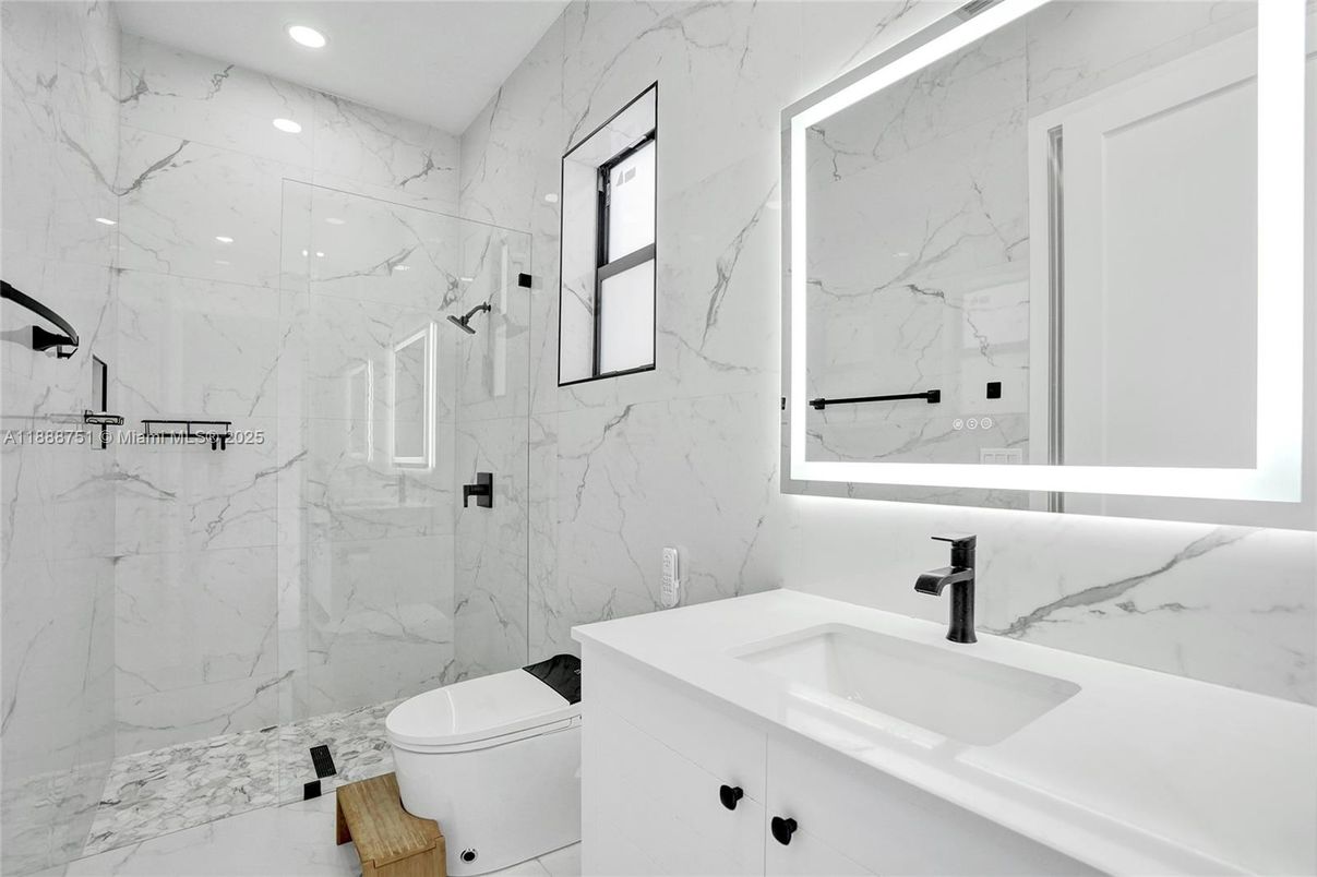 Bathroom, Glass Shower, Interior, Marble Walls, Recessed Lighting