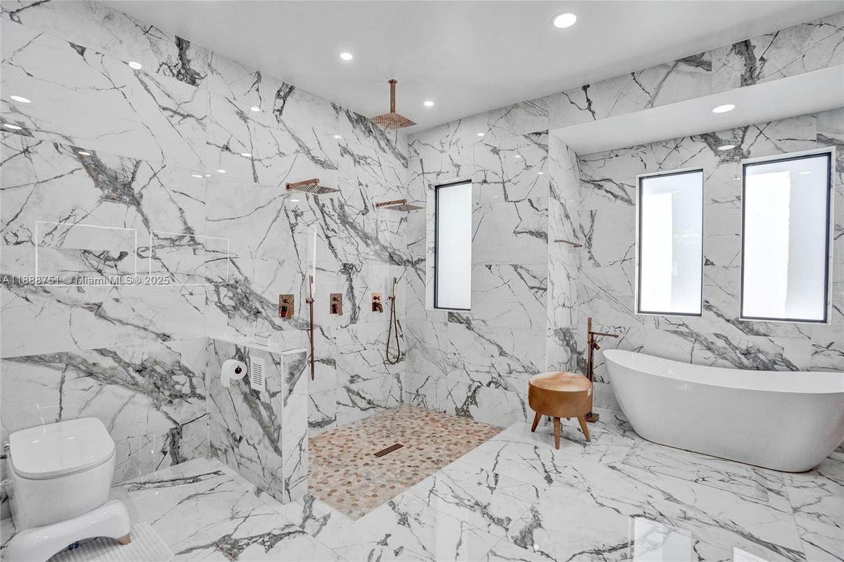 Bathroom, Free Standing Baths, Interior, Marble, Marble Walls, Recessed Lighting