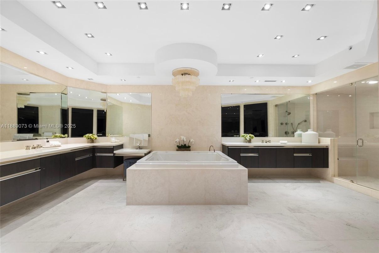 Bathroom, Chandelier, Dual Sink Vanities, Glass Shower, Interior, Recessed Lighting