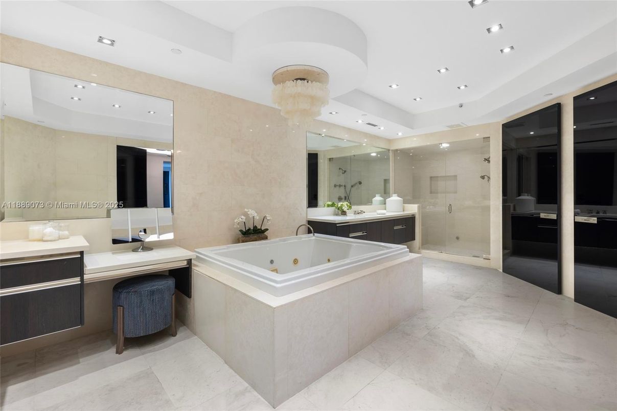 Bathroom, Chandelier, Glass Shower, Interior, Recessed Lighting