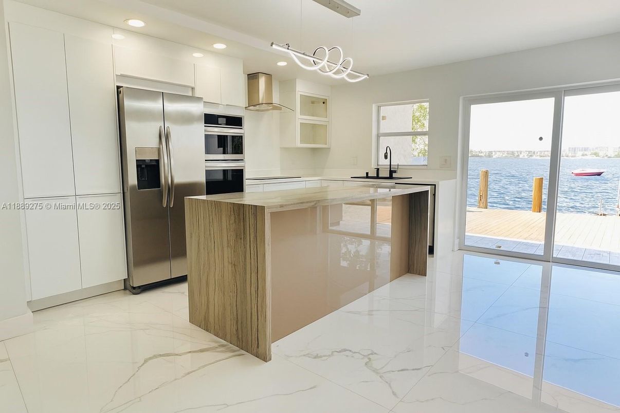 Interior, Kitchen, Marble, Pendant Lights, Recessed Lighting, Stainless Steel Appliances, Water