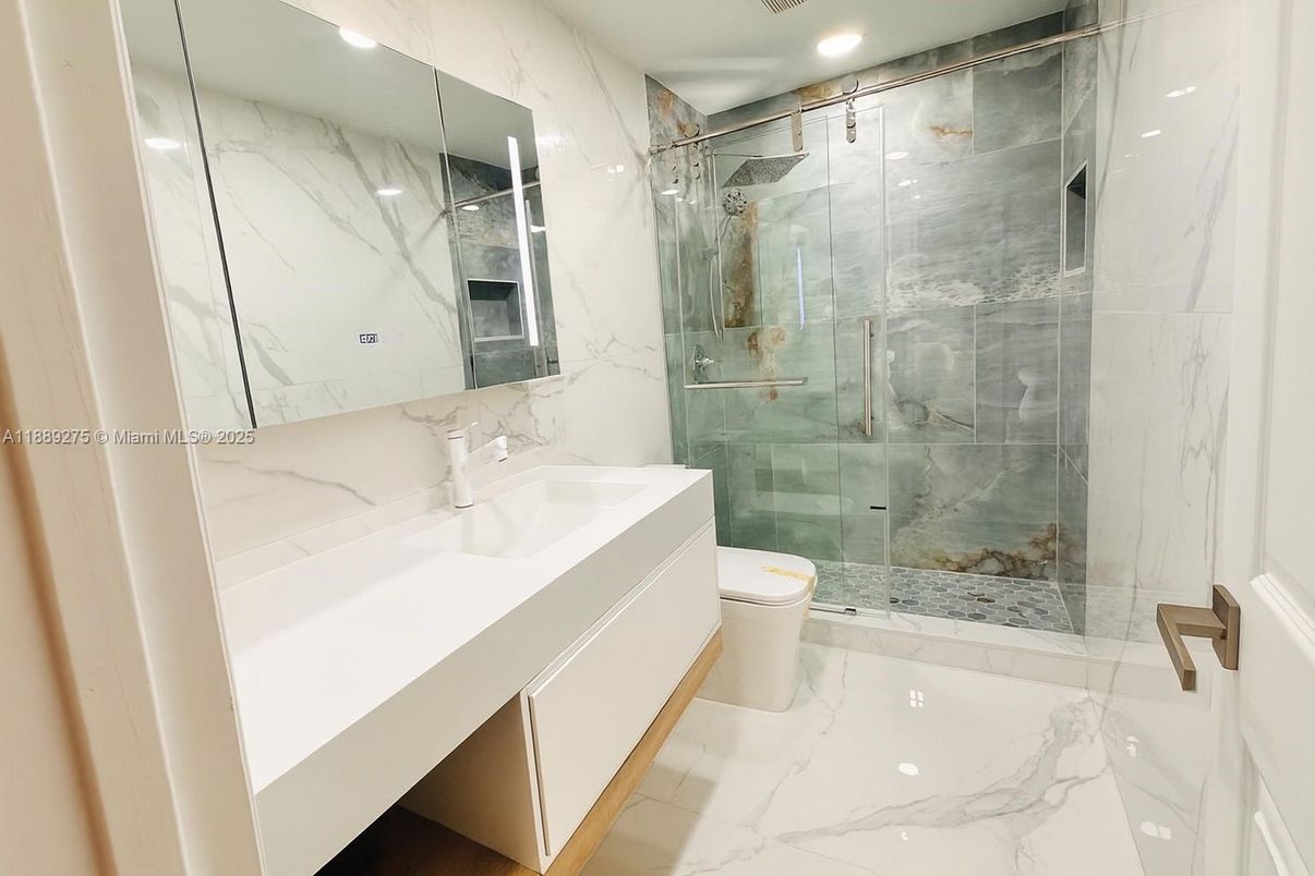 Bathroom, Glass Shower, Interior, Marble, Marble Walls, Recessed Lighting