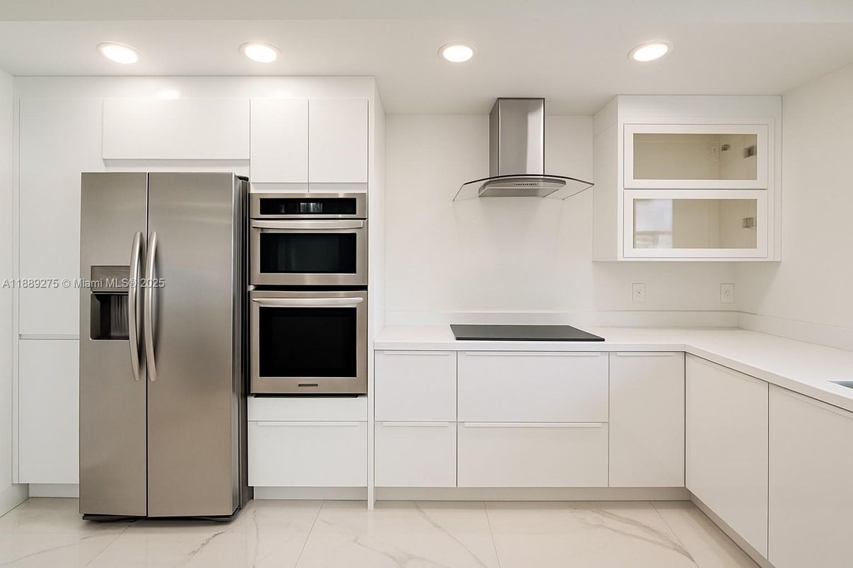 Interior, Kitchen, Marble, Recessed Lighting, Stainless Steel Appliances