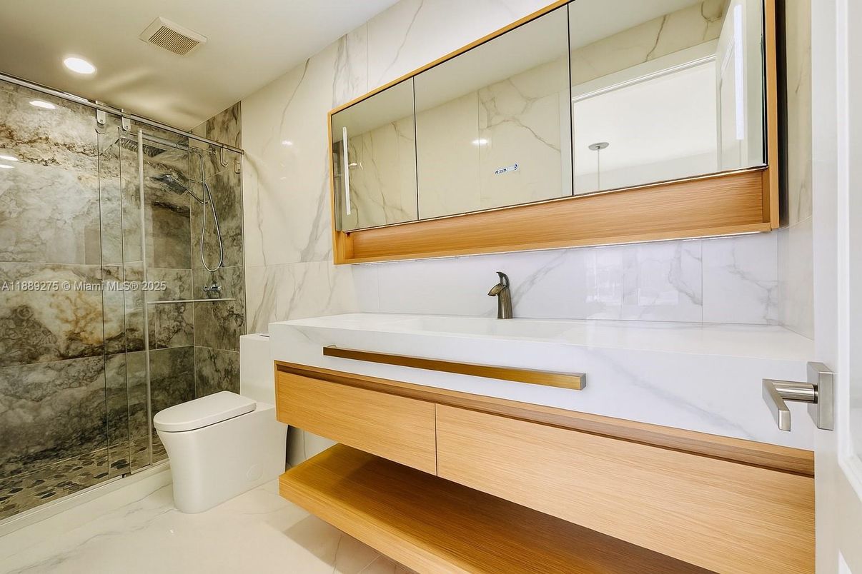 Bathroom, Glass Shower, Interior, Marble, Marble Walls, Recessed Lighting