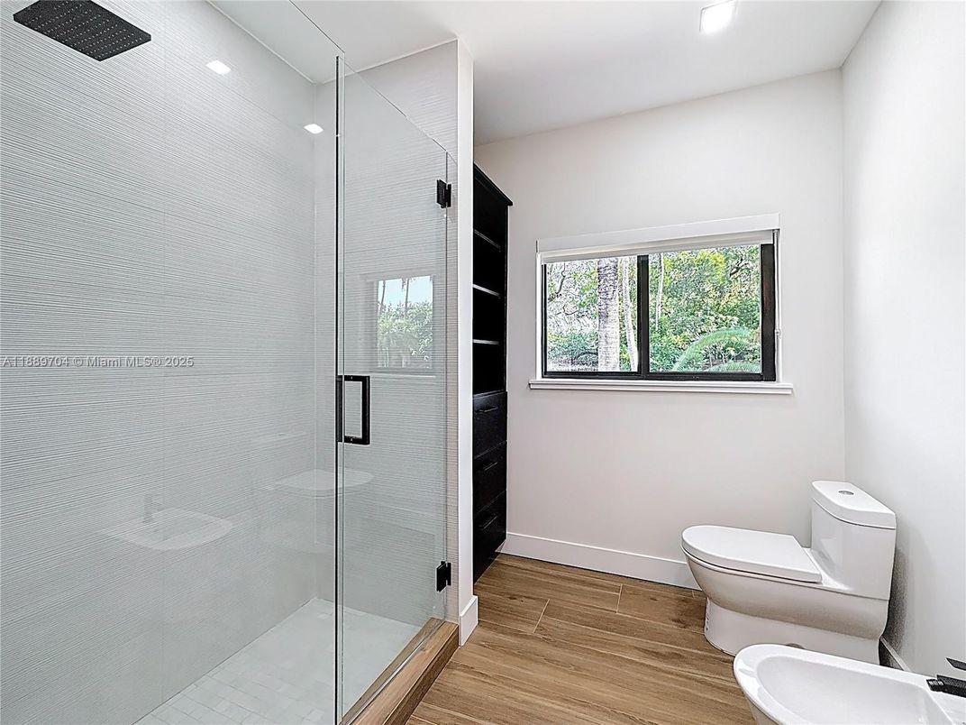 Bathroom, Glass Shower, Interior, Recessed Lighting, Wood Texture Flooring