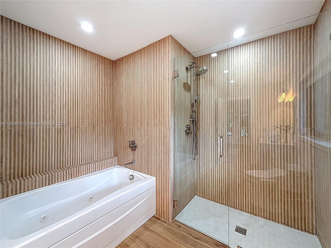 Bathroom, Glass Shower, Interior, Recessed Lighting, Wood Texture Flooring