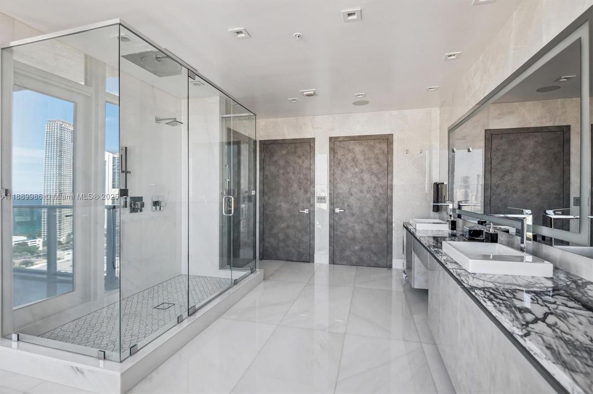 Bathroom, Dual Sink Vanities, Glass Shower, Interior, Recessed Lighting, Water