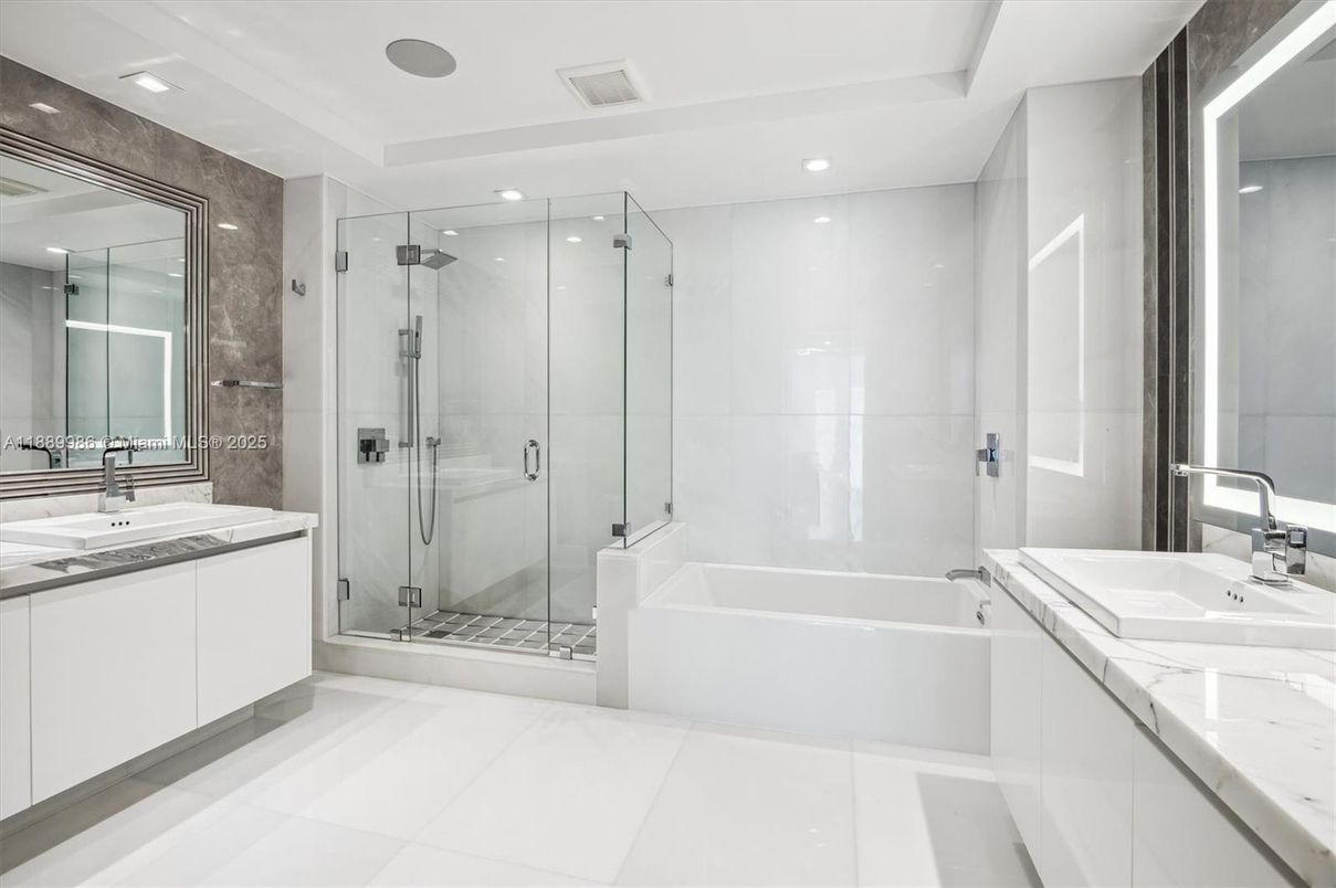 Bathroom, Dual Sink Vanities, Glass Shower, Interior, Recessed Lighting
