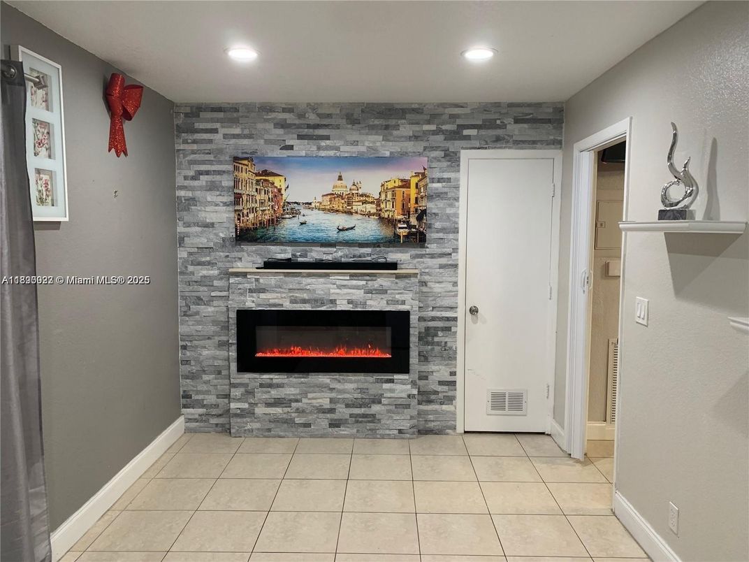 Fireplace, Interior, Recessed Lighting, Stone Walls