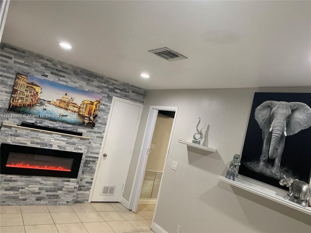 Fireplace, Interior, Recessed Lighting, Stone Walls