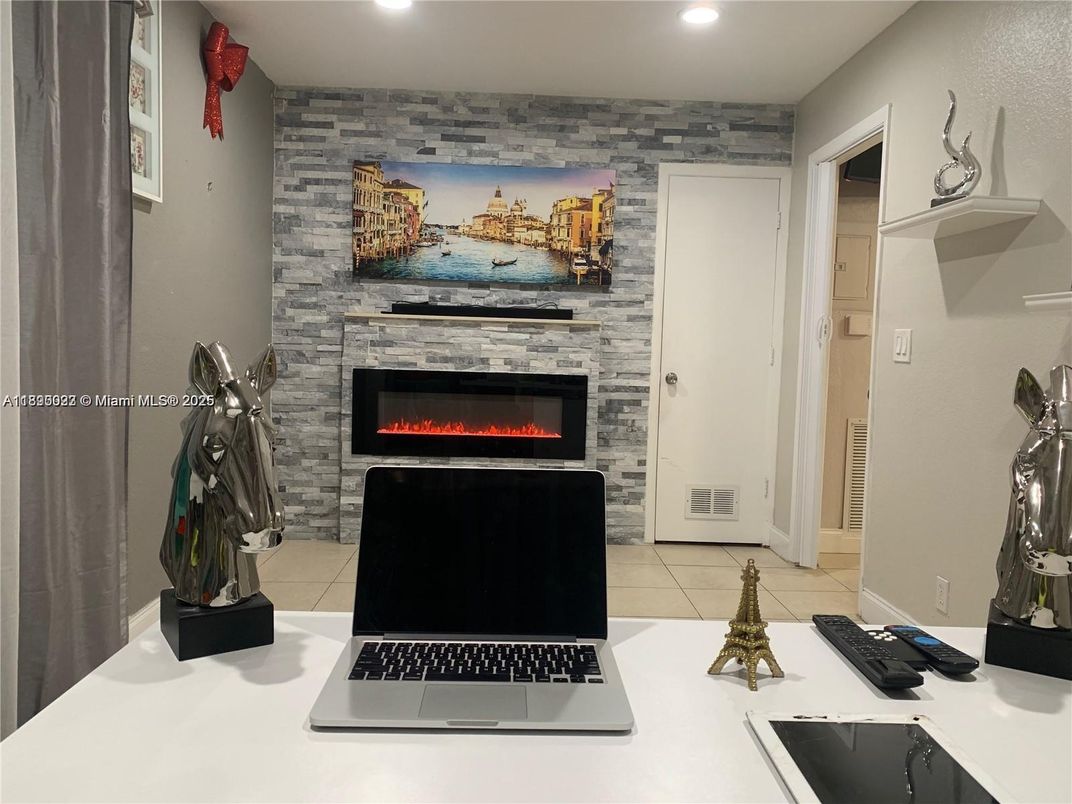 Fireplace, Interior, Recessed Lighting, Stone Walls