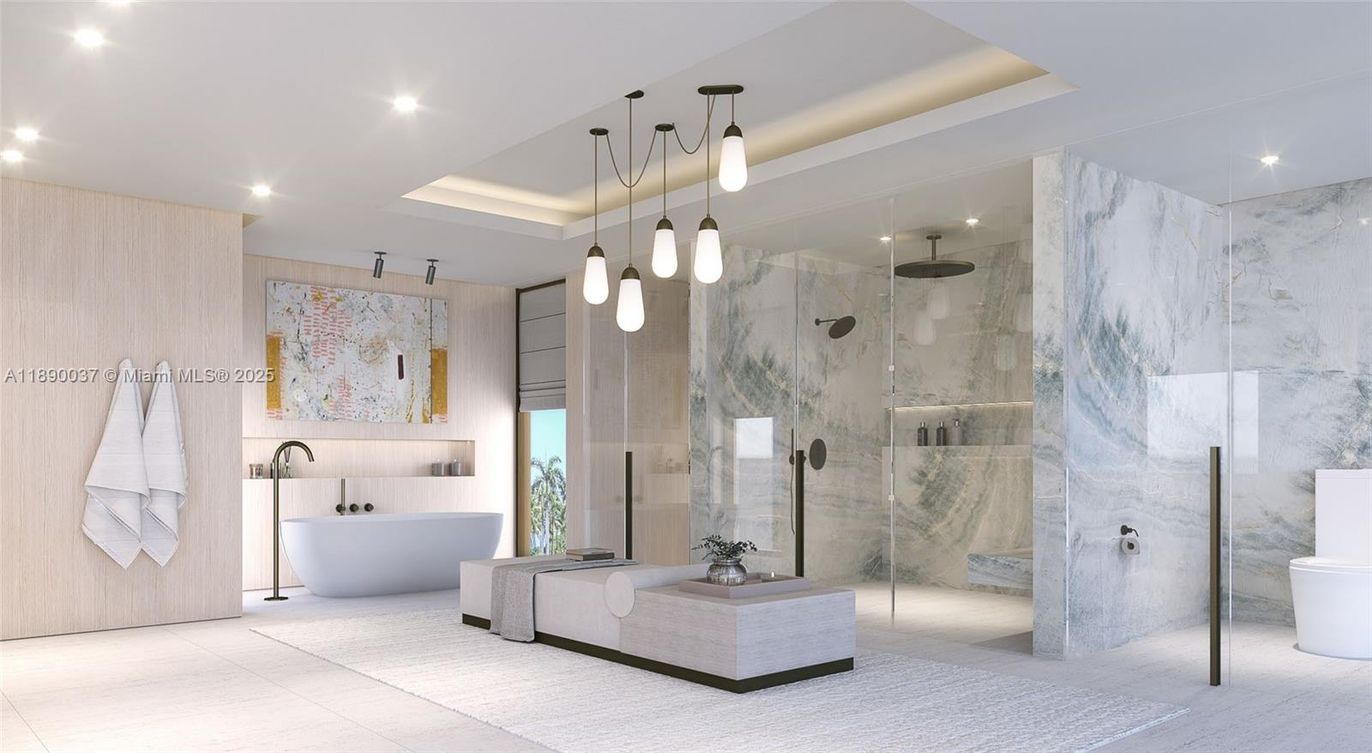 Bathroom, Dual Sink Vanities, Free Standing Baths, Glass Shower, Interior, Marble Walls, Pendant Lights, Recessed Lighting