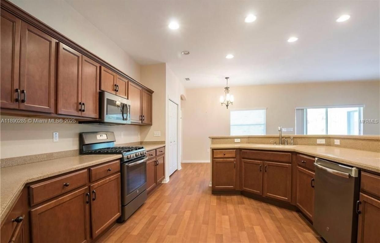 Chandelier, Interior, Kitchen, Pendant Lights, Recessed Lighting, Wood Texture Flooring