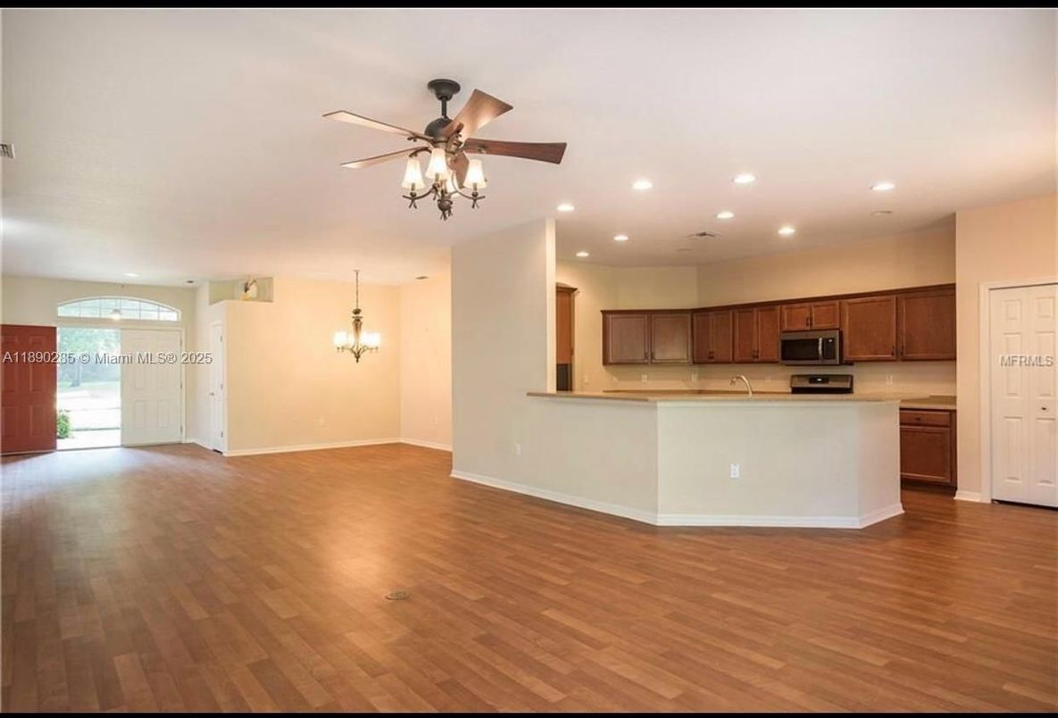 Chandelier, Empty room, Interior, Kitchen, Recessed Lighting, Wood Texture Flooring