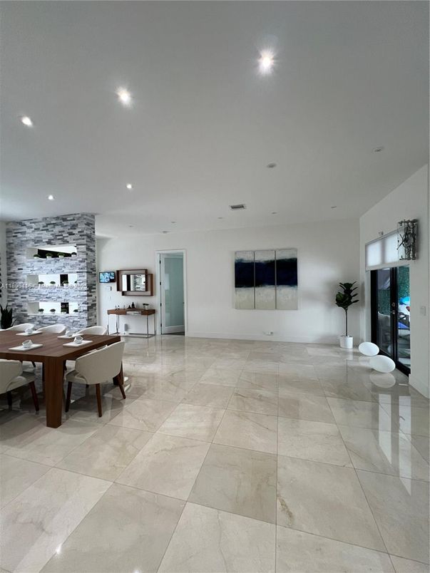 Dining room, Interior, Recessed Lighting, Stone Walls