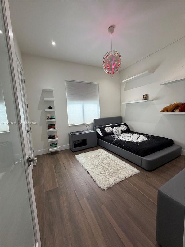Bedroom, Interior, Pendant Lights, Recessed Lighting, Wood Texture Flooring