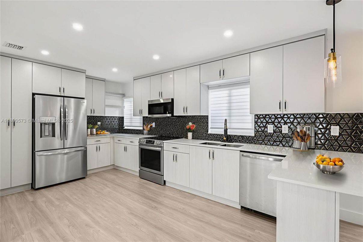 Interior, Kitchen, Pendant Lights, Recessed Lighting, Stainless Steel Appliances, Wood Texture Flooring